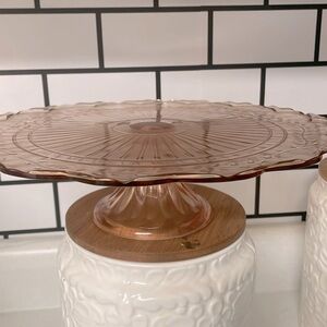 Pink Depression Glass pedestal cake stand